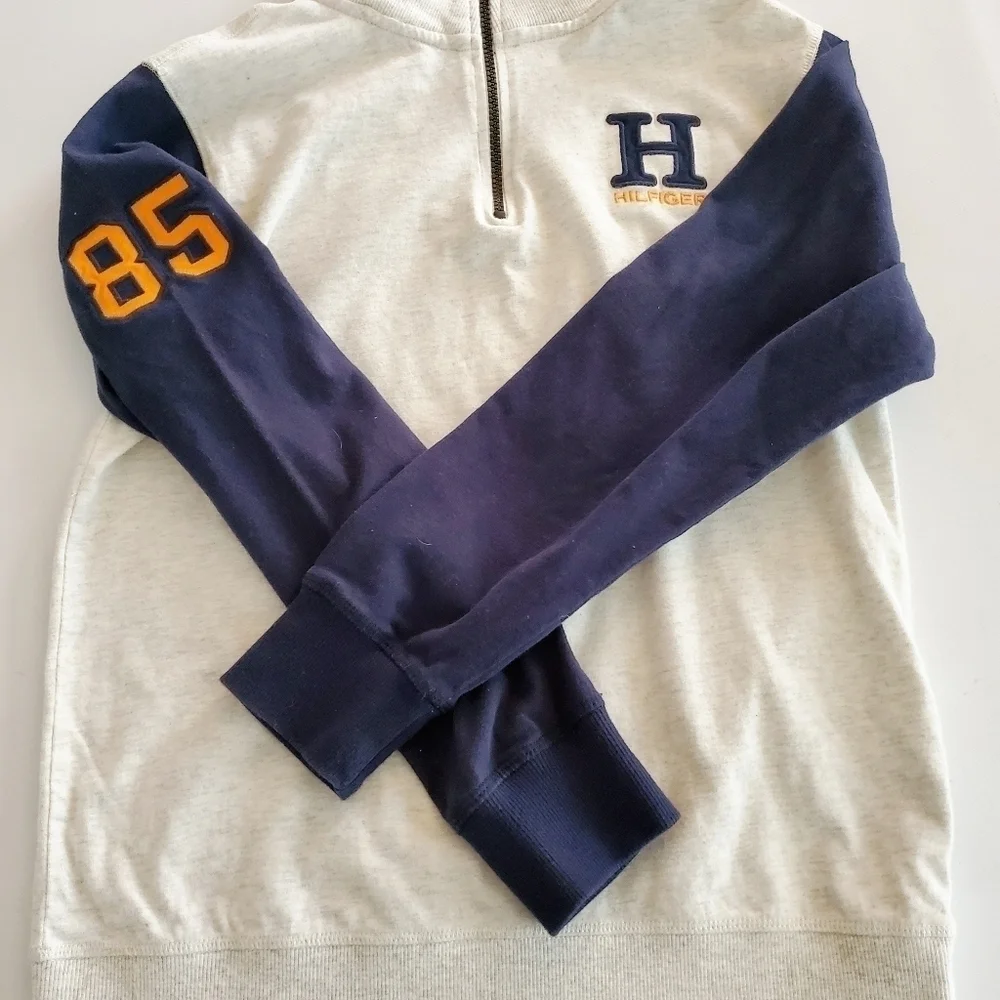 Tommy Hilfiger Boys 1/4 Zip Pullover Off White Blue Size L (16/18)